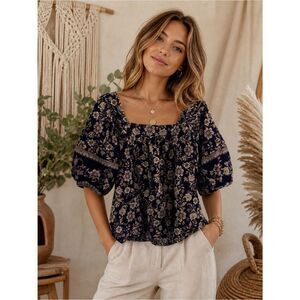 Roan + Ryan Navy Floral Square Neck Blouse